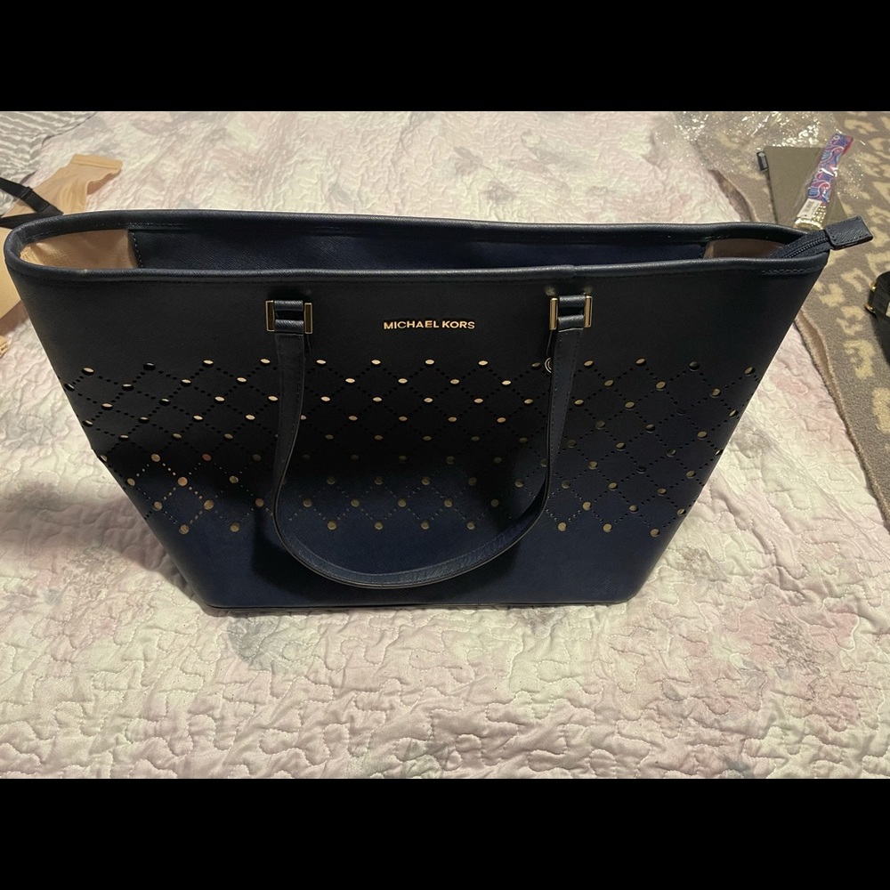 Navy blue and gold large Michael kors zipped tote